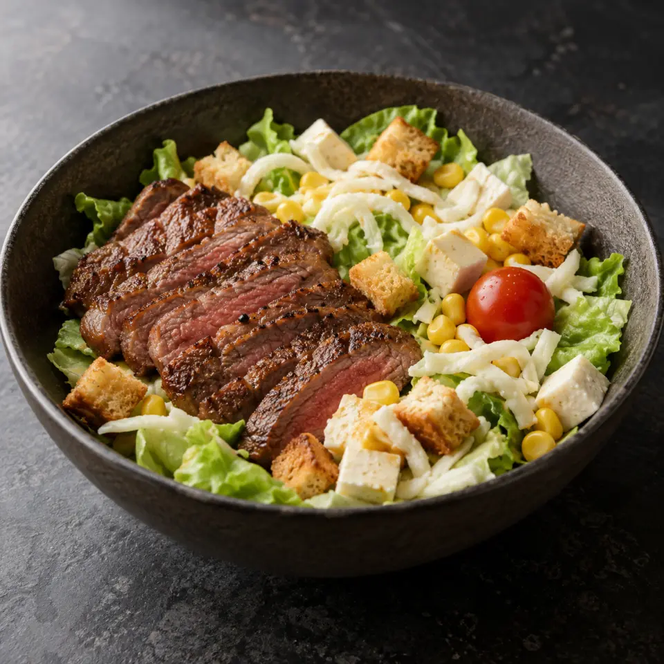 Angus Steak and Salad in a wide bowl on a dark stone table, made with angus ribeye steak, one single cherry tomato, خس, soft tofu.