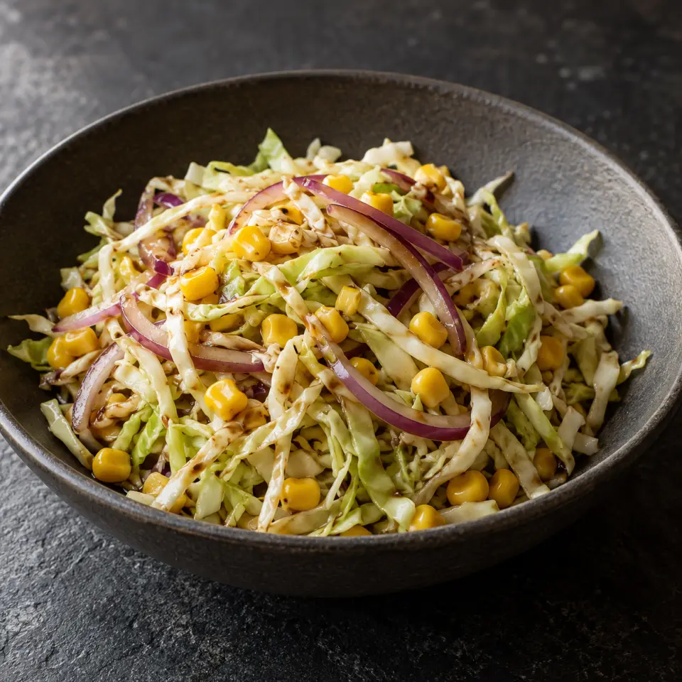 Balsamic Cabbage Slaw in a wide bowl on a dark stone table, made with green cabbage, corn, red onion.