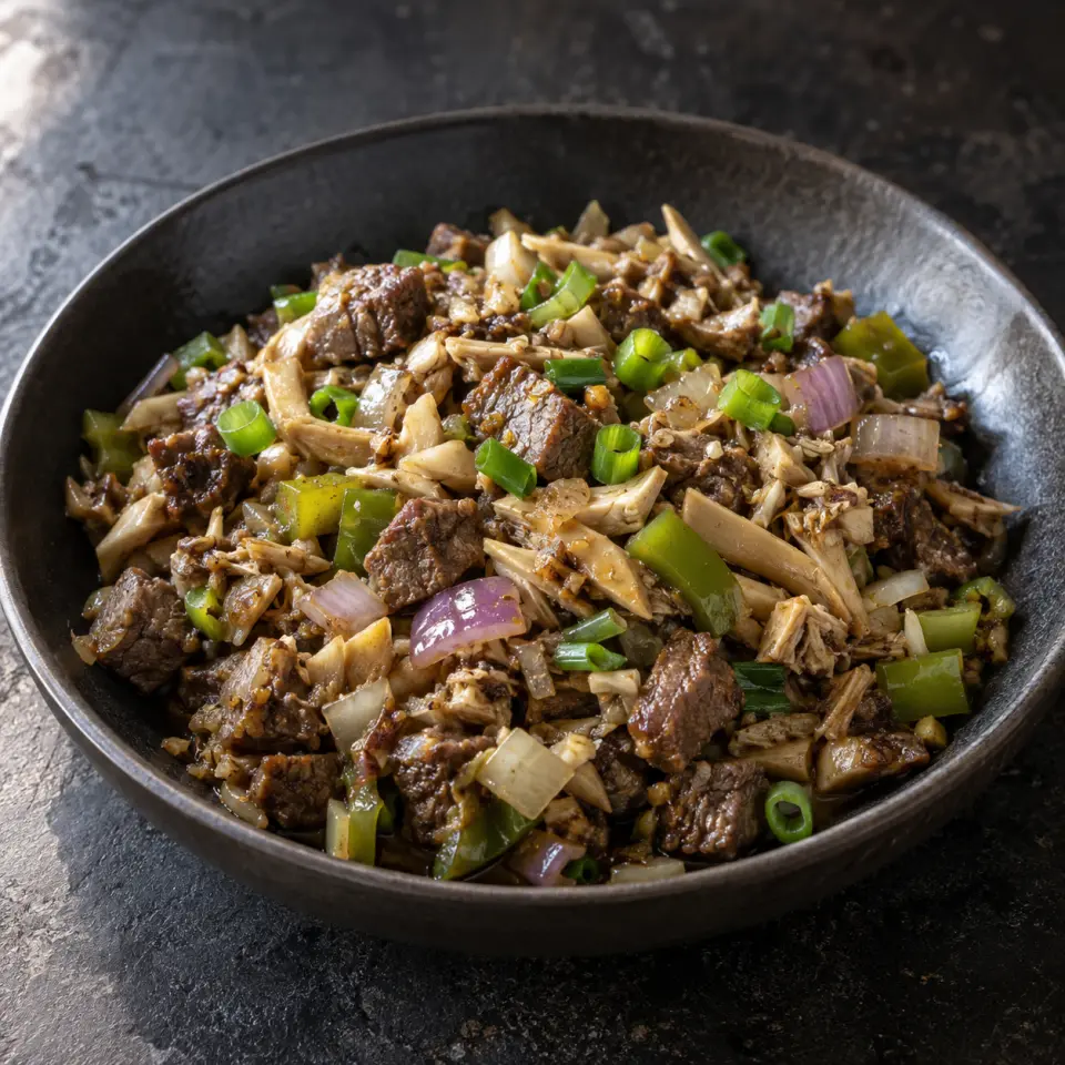 Banana Blossom Beef Sisig on a plate on a dark stone table, made with garlic, banana blossom, beef cubes, chopped.