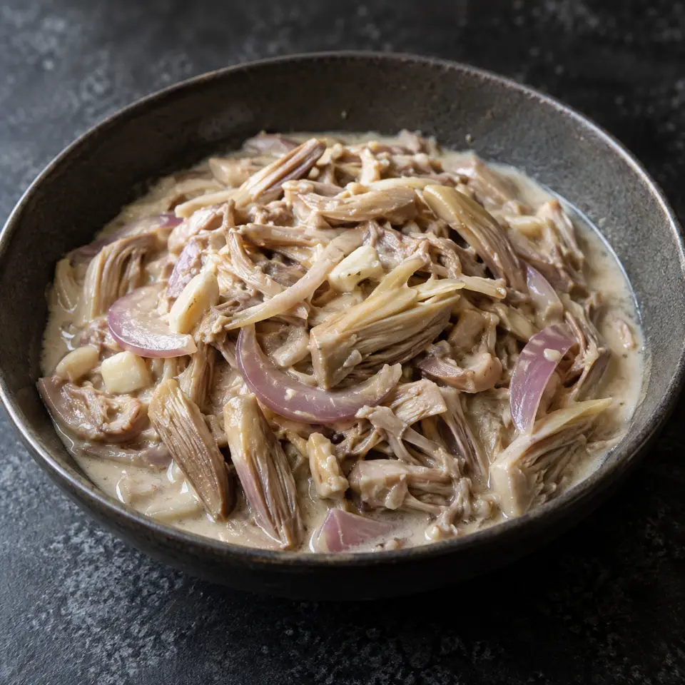Banana Blossom In Coconut Milk on a plate on a dark stone table, made with coconut cream, banana blossom/ flower, red onion, garlic.