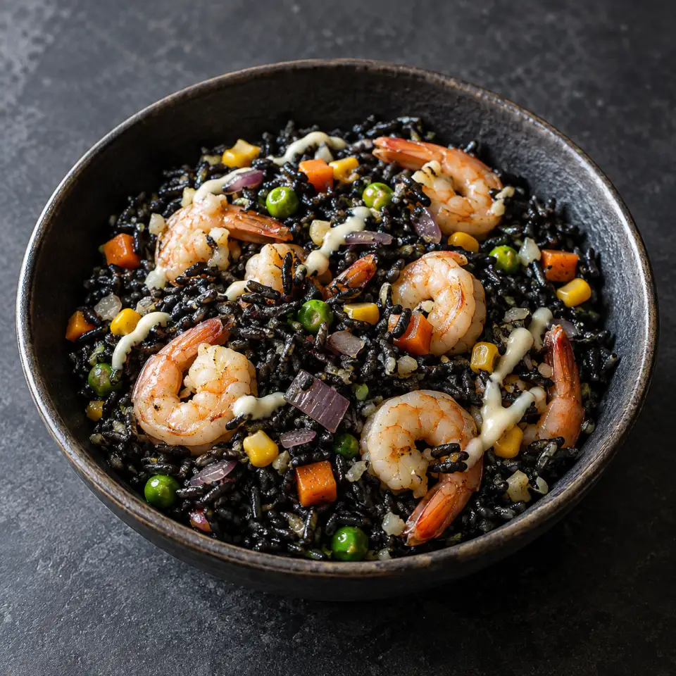 Basmati Paella Negra in a bowl on a dark stone table, made with garlic, mixed vegetables, frozen, frozen shrimp.