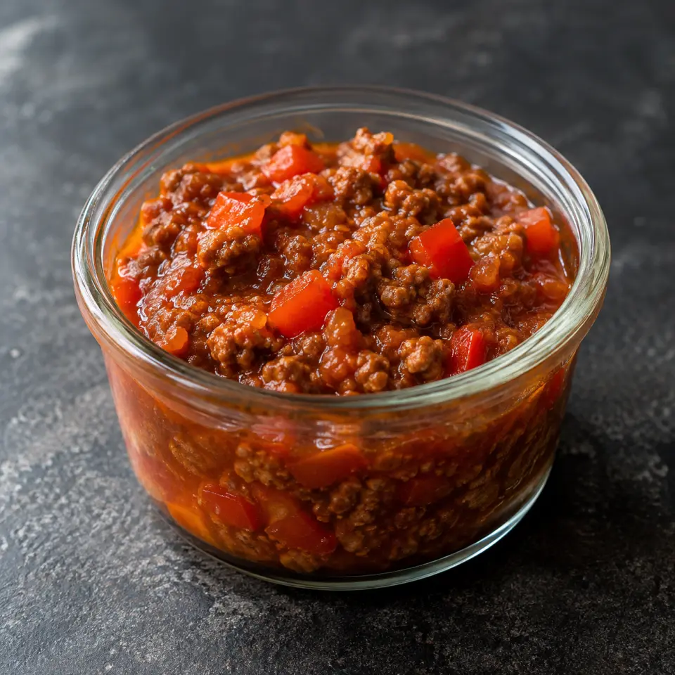 Bolognese Sauce in a small jar on a dark stone table, made with ground beef, barilla alla bolognese, red capsicum.