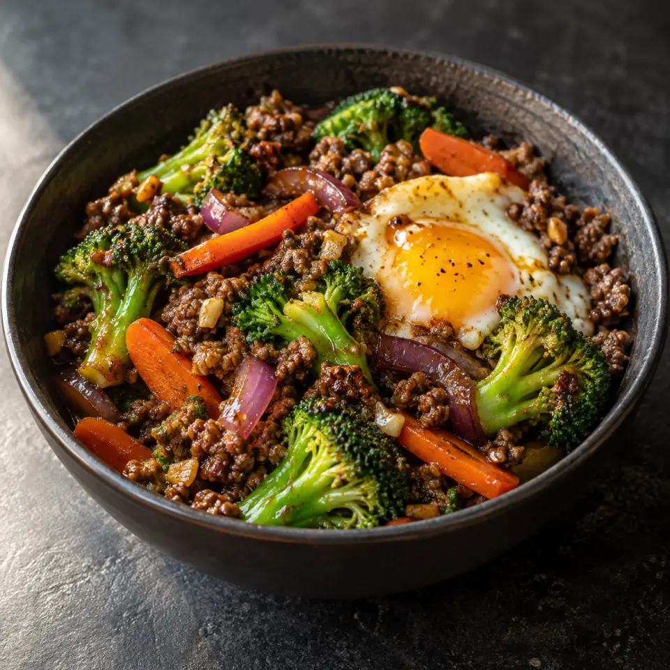 Broccoli Beef Bowl in a bowl on a dark stone table, made with broccoli, ground beef, egg, carrots.