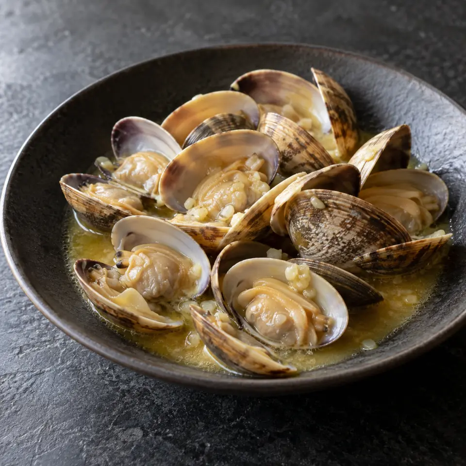 Buttered Garlic Clam on a plate on a dark stone table, made with hard shell clam, garlic, grape juice, butter - unsalted.