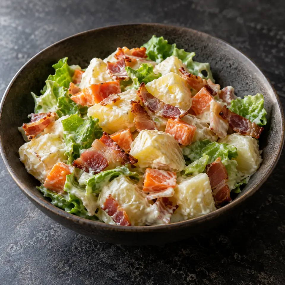 Cafe France Bacon Potato Salad in a wide bowl on a dark stone table, made with potato, mayo, lettuce, green leaf.
