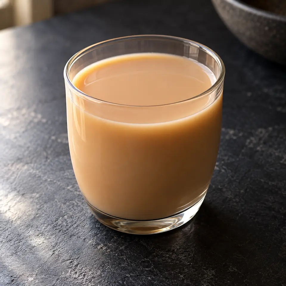 Camomile Cranberry Green Milk Tea in a glass on a dark stone table, made with brewed, twinings, cranberry green tea.
