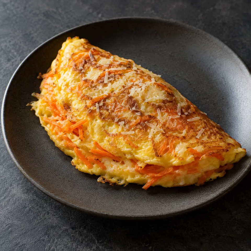 Carrot Bell Pepper Omelette on a plate on a dark stone table, made with egg, shredded carrots, parmesan.