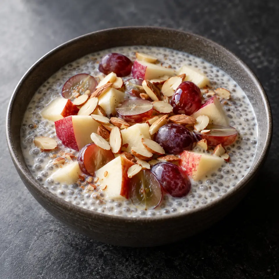 Chia Almond Pudding on a plate on a dark stone table, made with apples, almond milk - original, grapes, almonds.