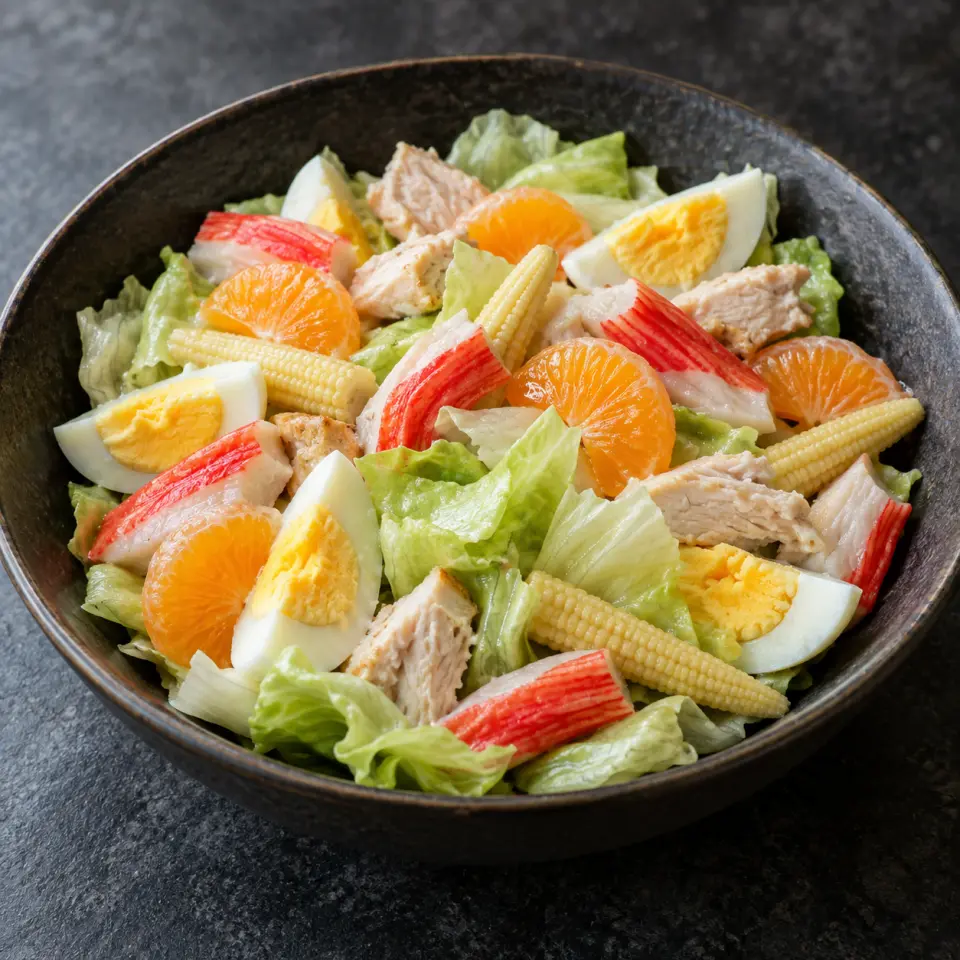 Chicken Citrus Crabstick Pear Salad in a wide bowl on a dark stone table, made with seafood crabstick, ice burg lettuce, egg, large.