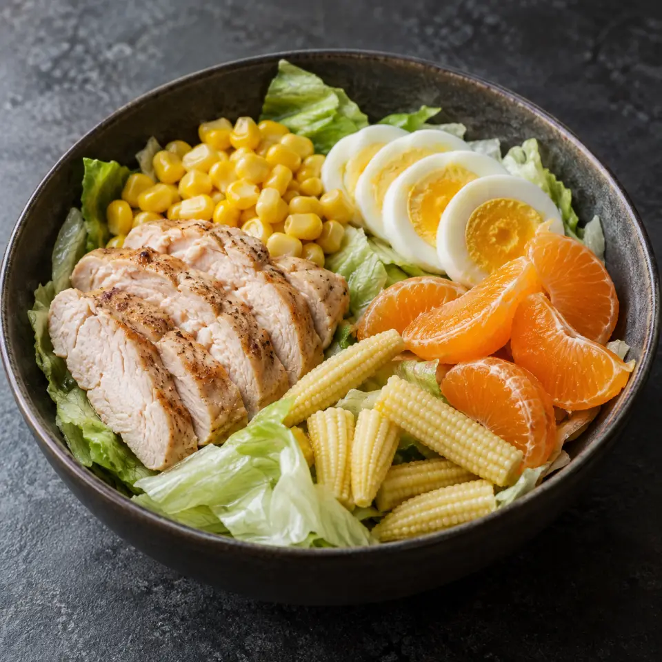 Chicken Corn Citrus Salad in a wide bowl on a dark stone table, made with ice berg lettuce, whole kernel corn, baby, egg.