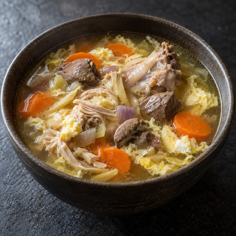 Chicken Egg Drop Soup in a bowl on a dark stone table, made with garlic, carrots, chicken livers, chicken back portions.