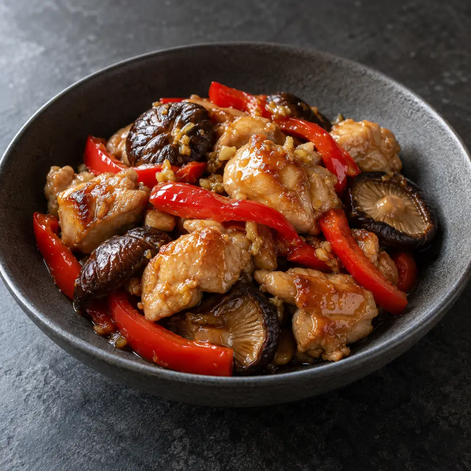 Chicken Shirataki Honey Ginger in a bowl on a dark stone table, made with chicken thigh skinless boneless, capsicum, red, grated.