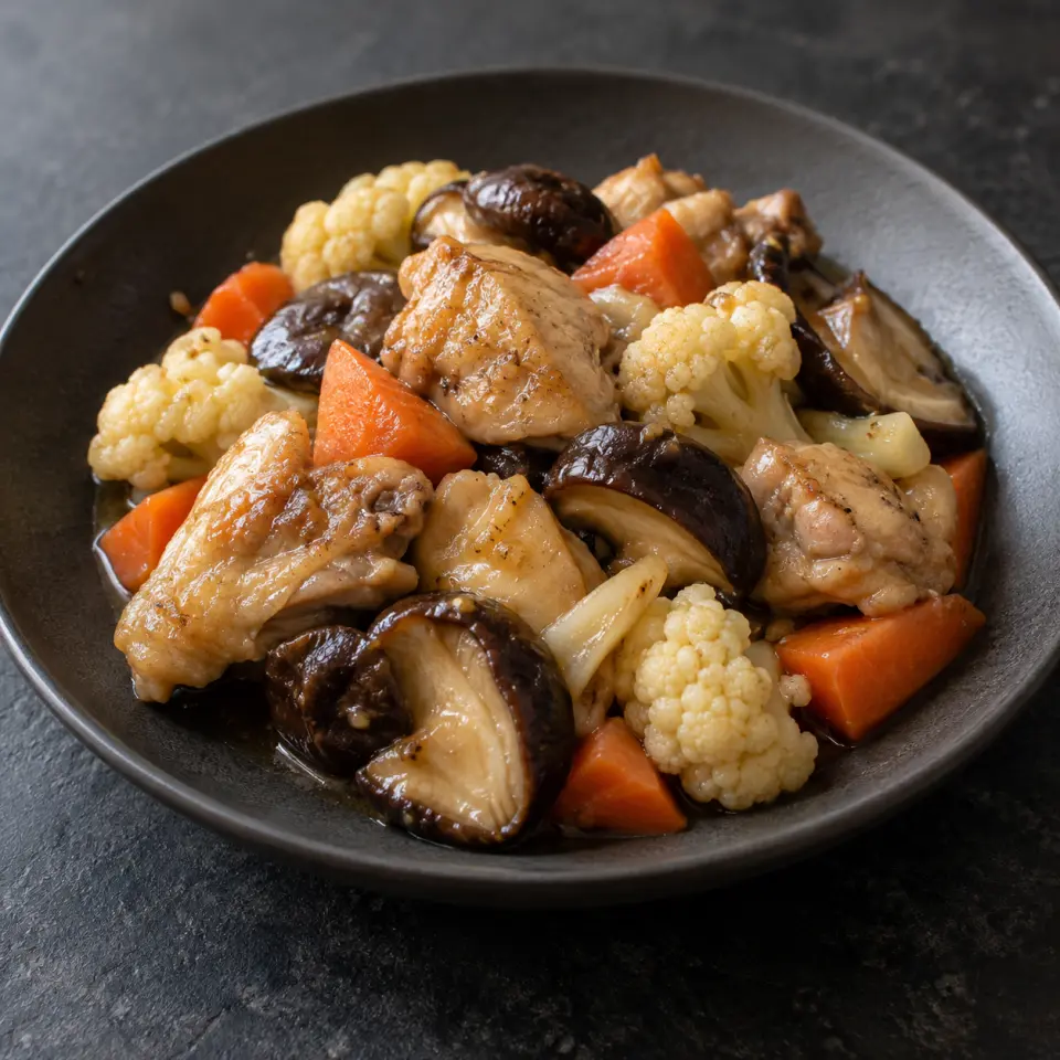 Chicken with Mushrooms on a plate on a dark stone table, made with shitake mushrooms, medium, cauliflower, whole chicken.