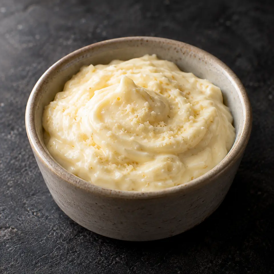Chili Parmesan Mayo Dip in a small jar on a dark stone table, made with parmesan, kewpie mayo.