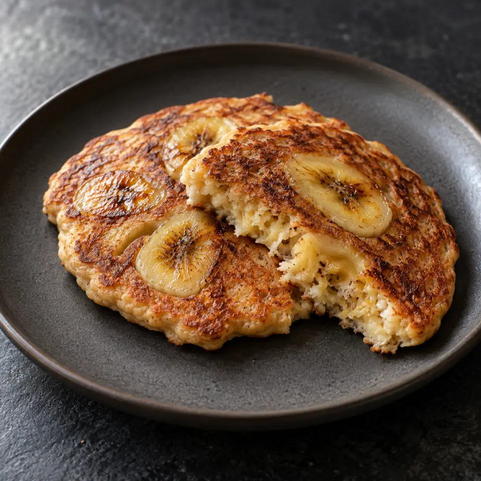 Coconut Banana Pancake on a plate on a dark stone table, made with saba banana, eggs, coconut flour.