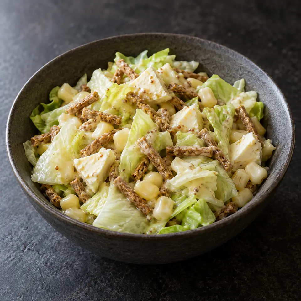 Creamy Honey Mustard Tuna Corn Salad in a wide bowl on a dark stone table, made with ice berg lettuce, cream cheese wedge, small , corn.