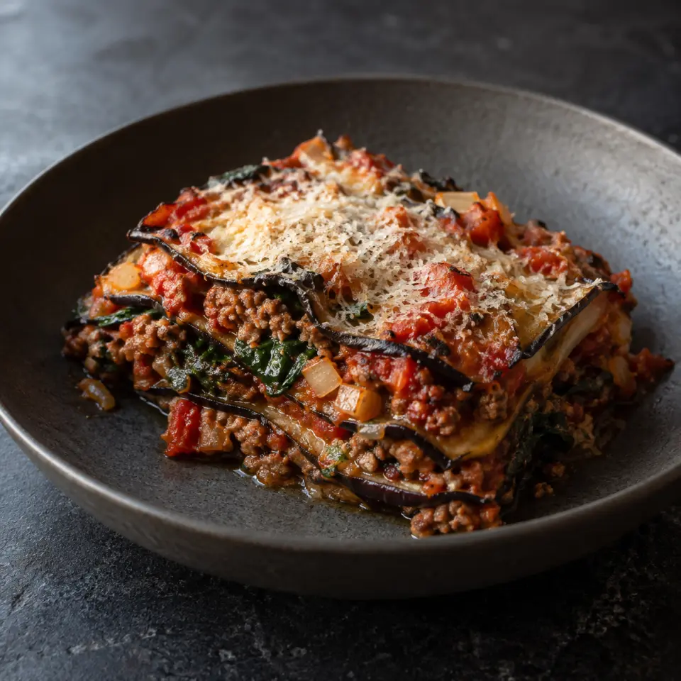 Eggplant Lasagna on a plate on a dark stone table, made with eggplant, lean ground beef, passata, tomatoes.