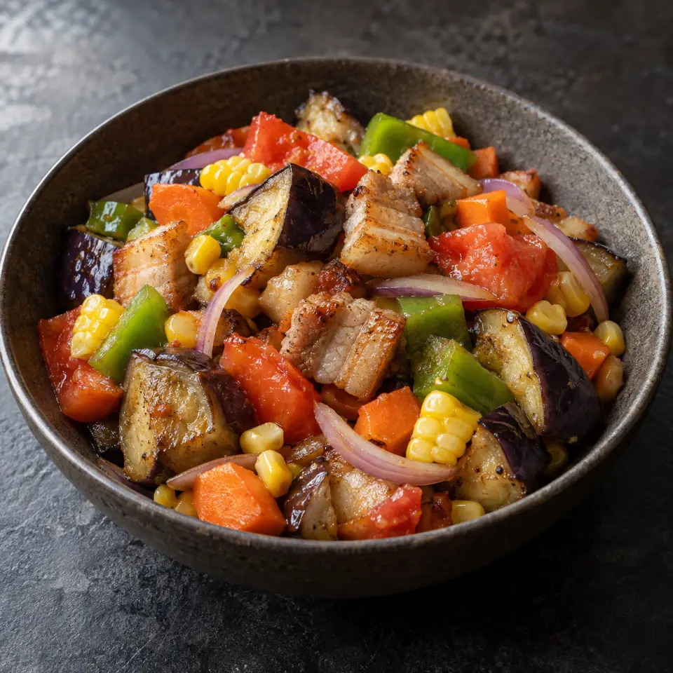 Eggplant Salad in a wide bowl on a dark stone table, made with tomatoes, belly, eggplant, carrots.