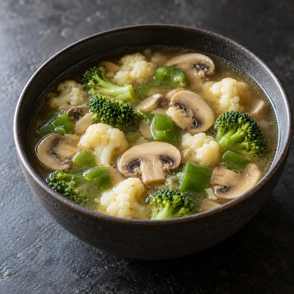 Fresh Mushroomsoup in a bowl on a dark stone table, made with button, cauliflower, broccoli, capsicum green.
