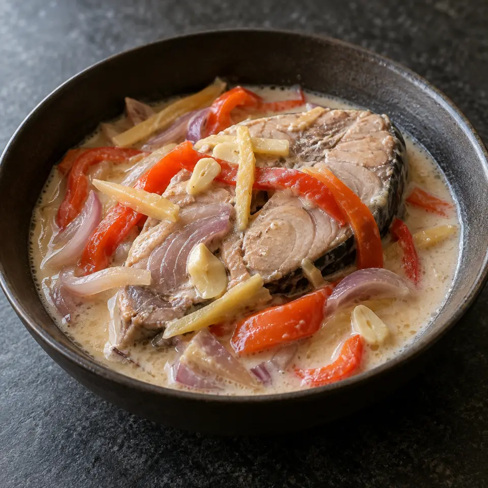 Ginataang Tambakol (Yellow Fin Tuna) on a plate on a dark stone table, made with yellow fin tuna, bellpepper, red onion, garlic.