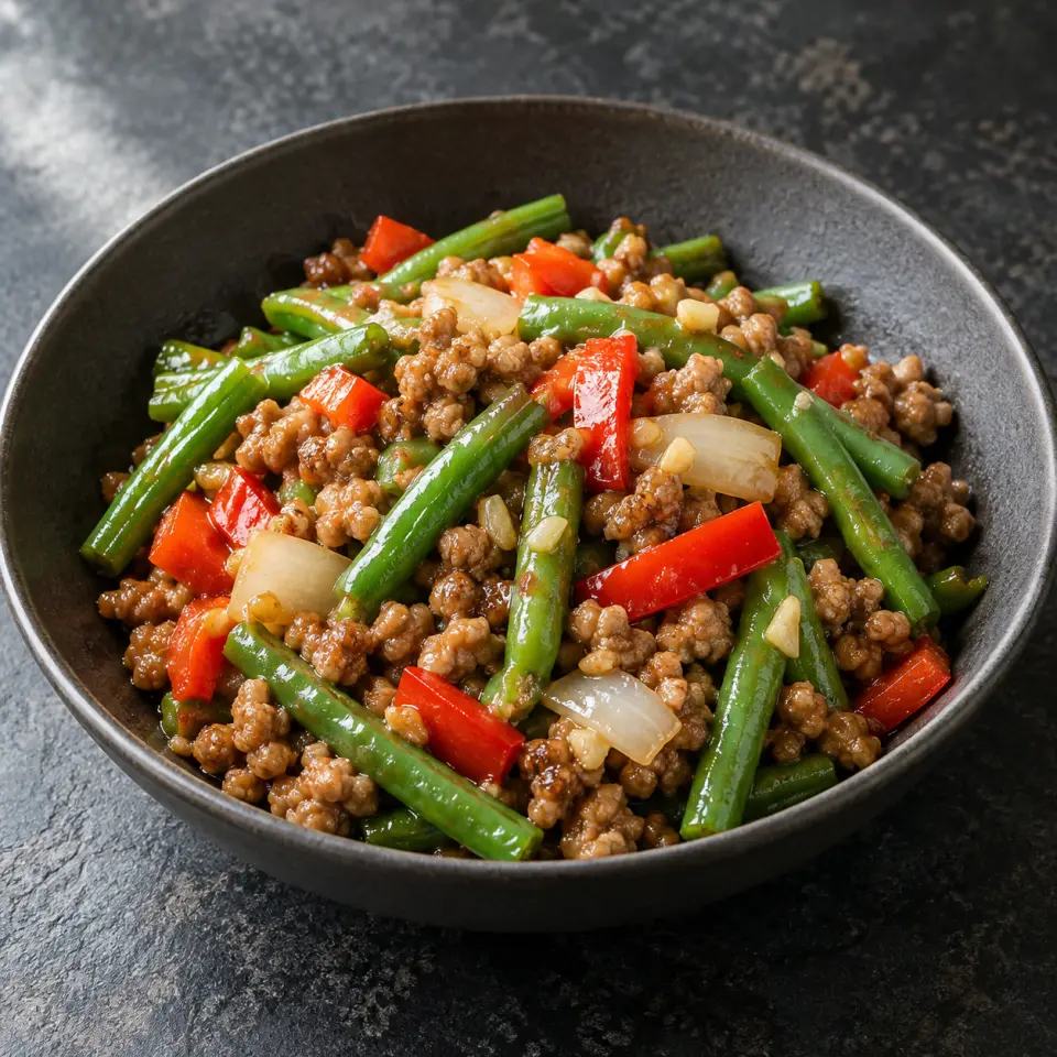 Ground Beef with Green Beans on a plate on a dark stone table, made with garlic, pork, ground, green beans.