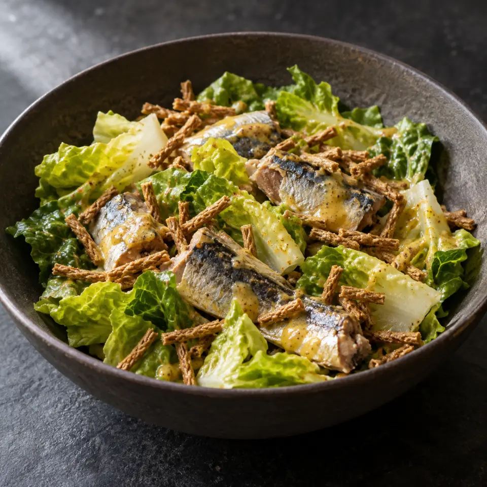 Honey Mustard Sardine Lettuce Salad in a wide bowl on a dark stone table, made with sardines spanish style, romaine lettuce, all bran original - mlink1969, yellow mustard.