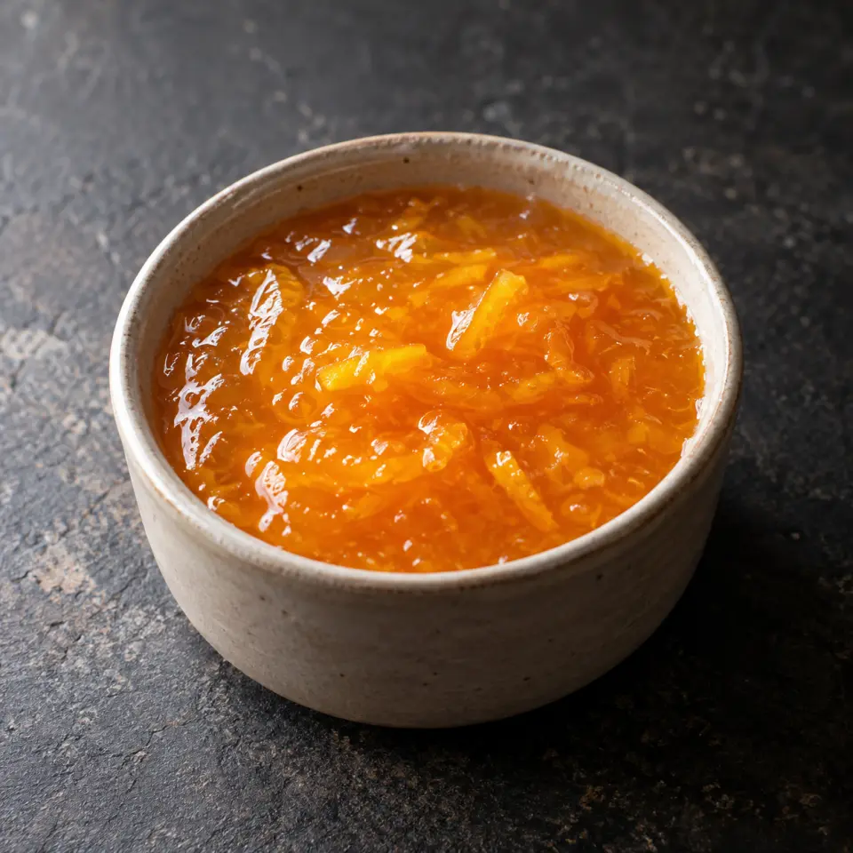 Orange Amino Sauce in a small jar on a dark stone table, made with oranges, navels.