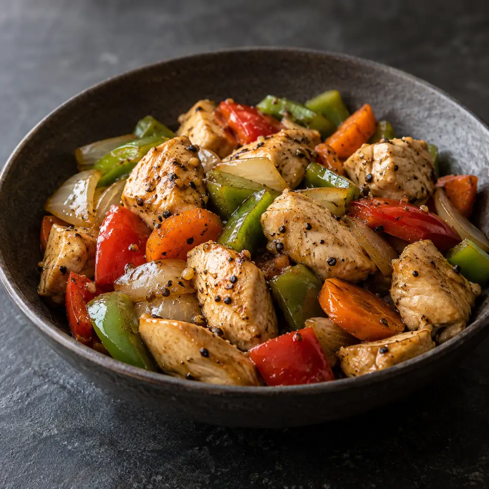 Pepper Chicken With Vegetables on a plate on a dark stone table, made with chicken breast, skinless, mixed vegetables, butter.