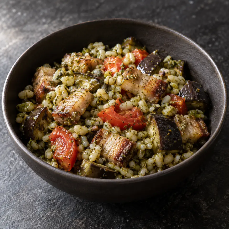 Pesto Adlai in a bowl on a dark stone table, made with adlai rice, belly, eggplant, tomatoes.