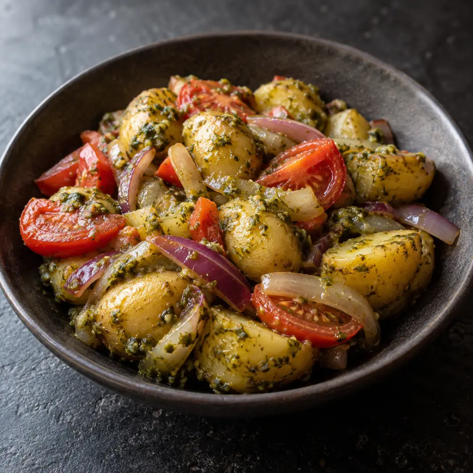 Pesto Tomato Potato on a plate on a dark stone table, made with yellow baby potatoes, pesto sauce, white onion, tomatoes.