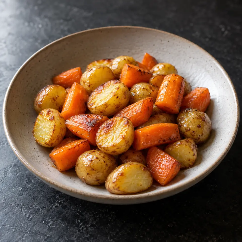 Potato Carrot in Coconut Oil on a plate on a dark stone table, made with baby potatoes, carrots, 100g.