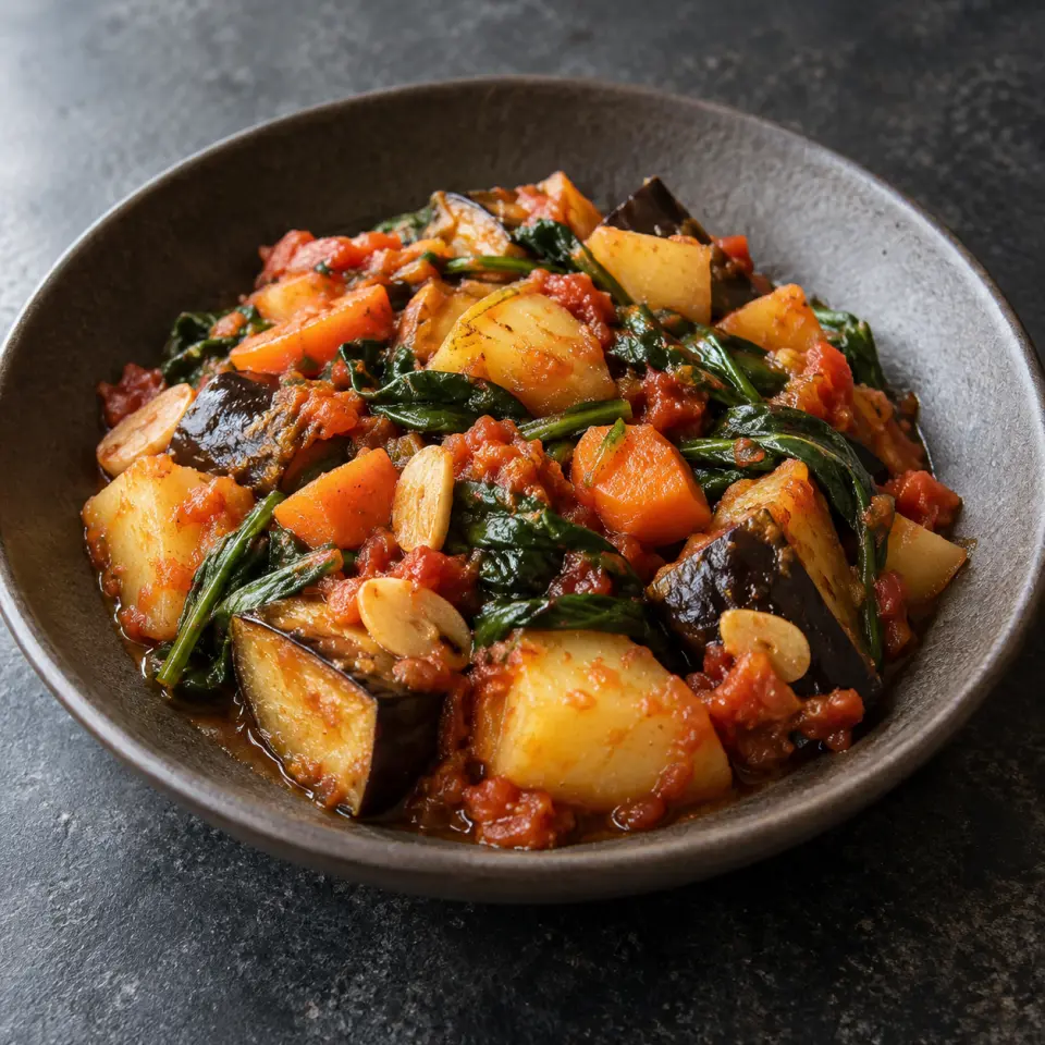 Potato Pasto with Garlic Tomato Spinach Sauce in a bowl on a dark stone table, made with egg plant, garlic, spinach leaves, tomatoes.