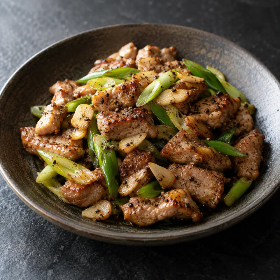 Salt and Pepper Pork on a plate on a dark stone table, made with garlic, pork tenderloin, green onions.