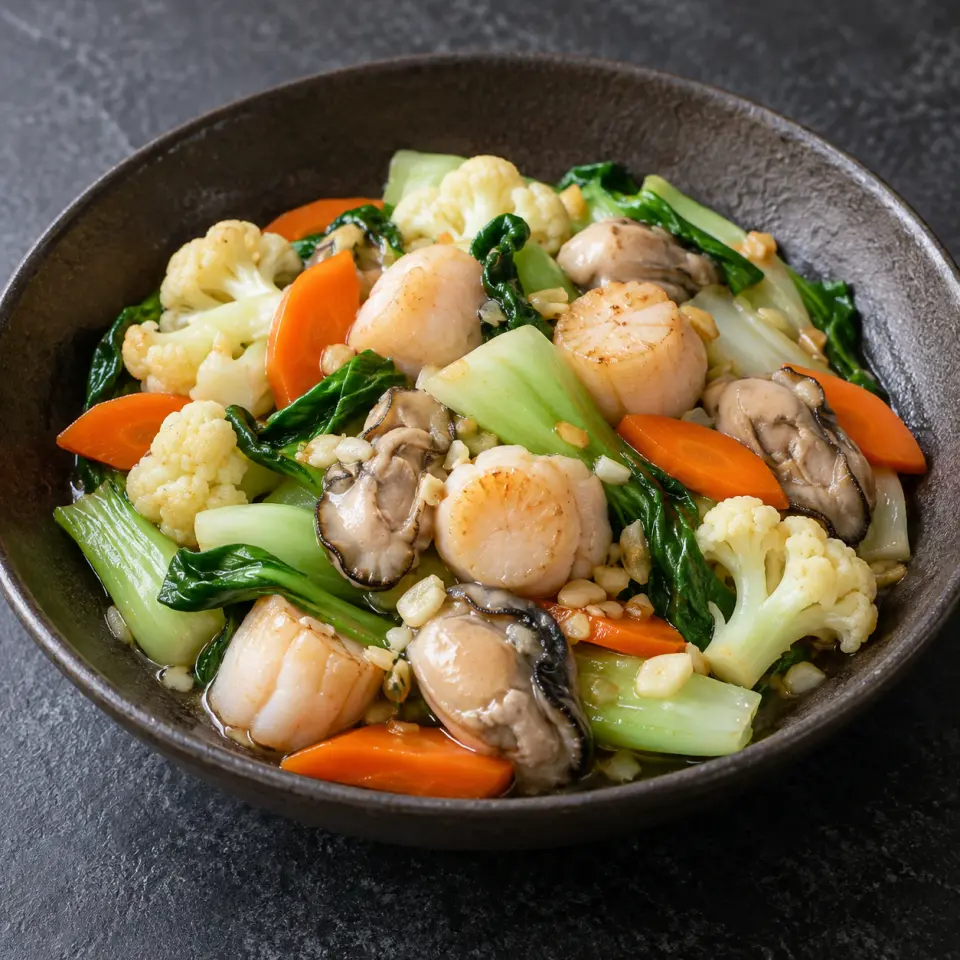 Seafood City - Sauteed Scallops with Veggies on a plate on a dark stone table, made with taiwan pechay, cauliflower, carrots, oyster.