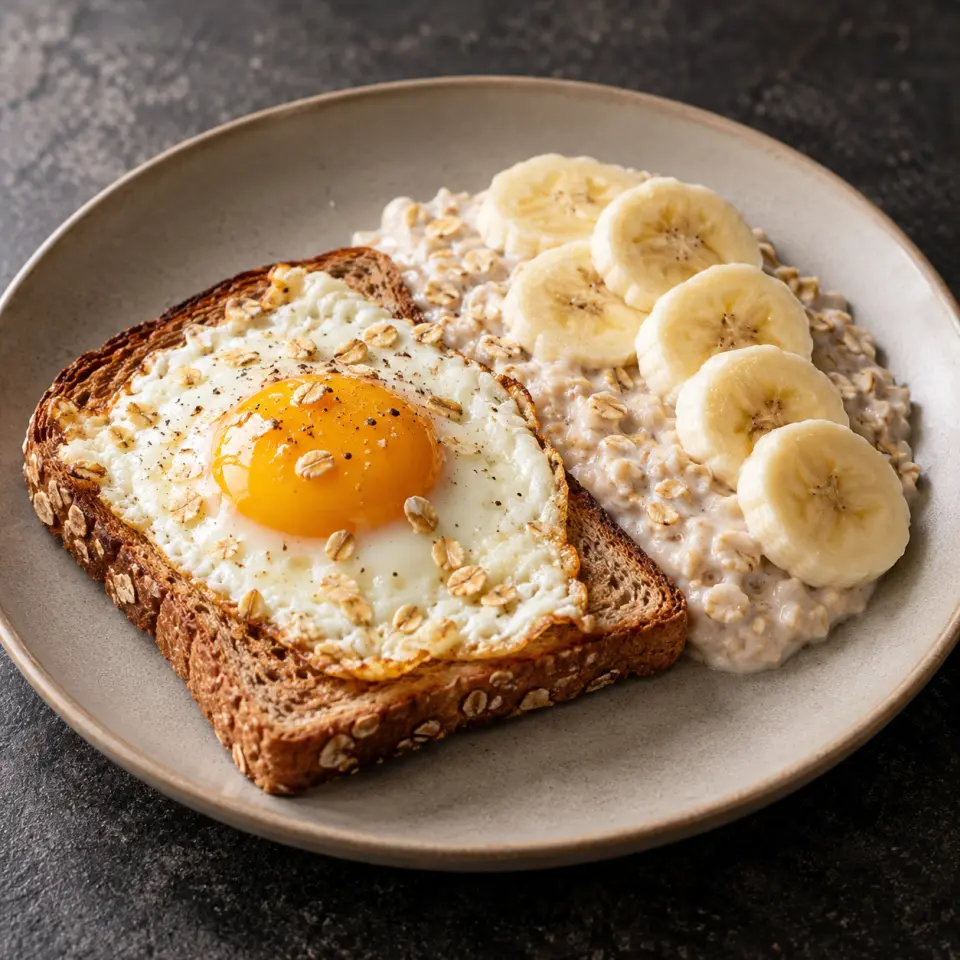 Sky-High Fibre Toast - Banana on a plate on a dark stone table, made with whole wheat bread, egg, whole, fried.