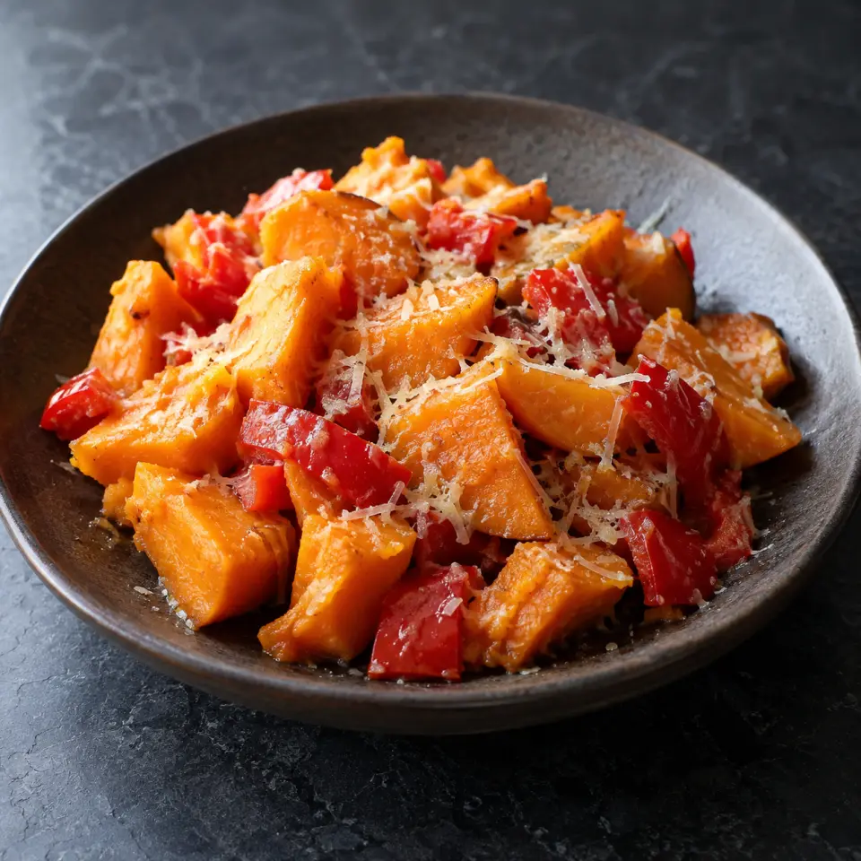 Sweet Potato Pimento on a plate on a dark stone table, made with sweet potato, red capsicum, parmesan cheese, butter - unsalted.