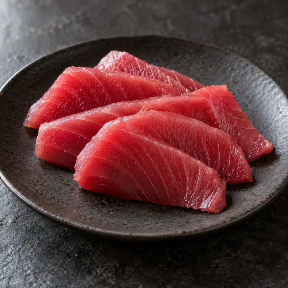 Tuna Sashimi Dinner on a plate on a dark stone table, made with sashimi tuna.