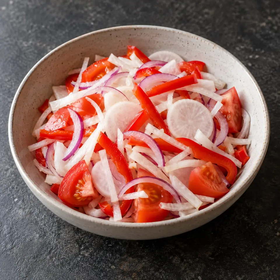 White Christmas Salad in a wide bowl on a dark stone table, made with raddish, tomatoes, red onion, red bellpepper.