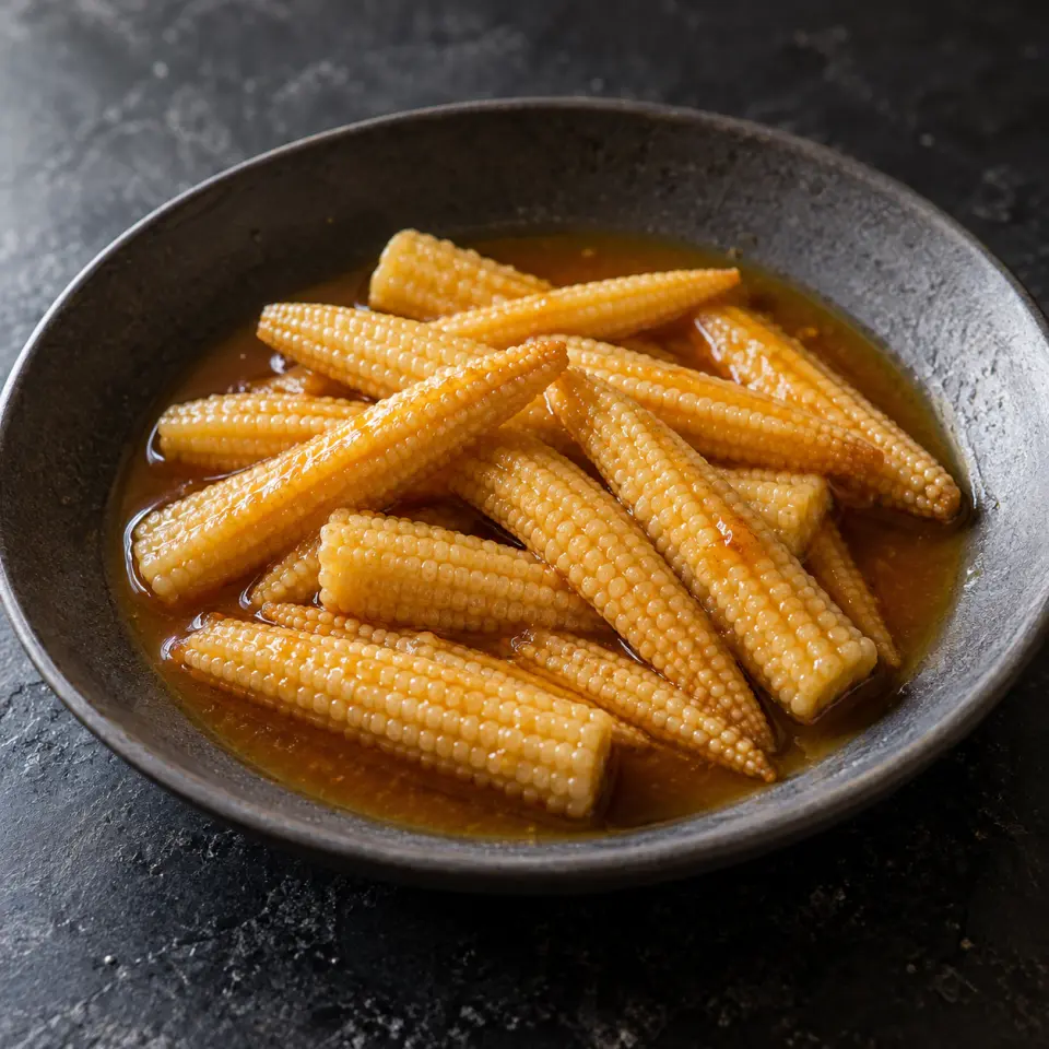 Young Corn in Coconut Aminos and Orange Juice on a plate on a dark stone table, made with young corn, orange juice.